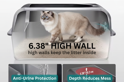 Cat litter box with a cat inside, highlighting features like high walls and anti-urine protection.