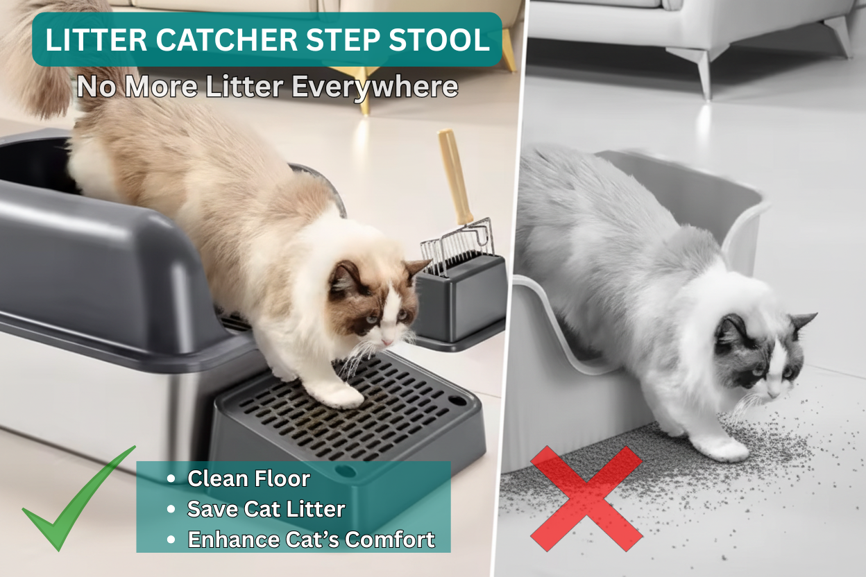 Litter catcher step stool for cats with text highlighting benefits and a comparison of litter spillage.
