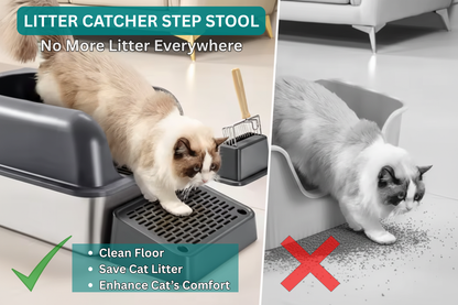 Litter catcher step stool for cats with text highlighting benefits and a comparison of litter spillage.