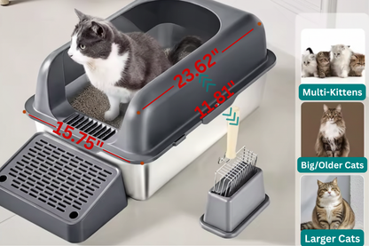 Cat litter box with measurements and a brush, surrounded by images of cats.