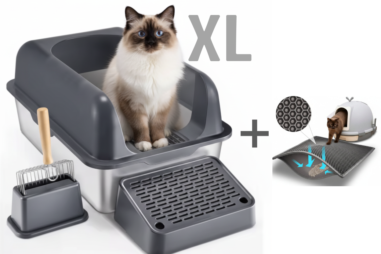 XL Stainless Steel Cat Litter Box Bundle with Step Stool & Mat
