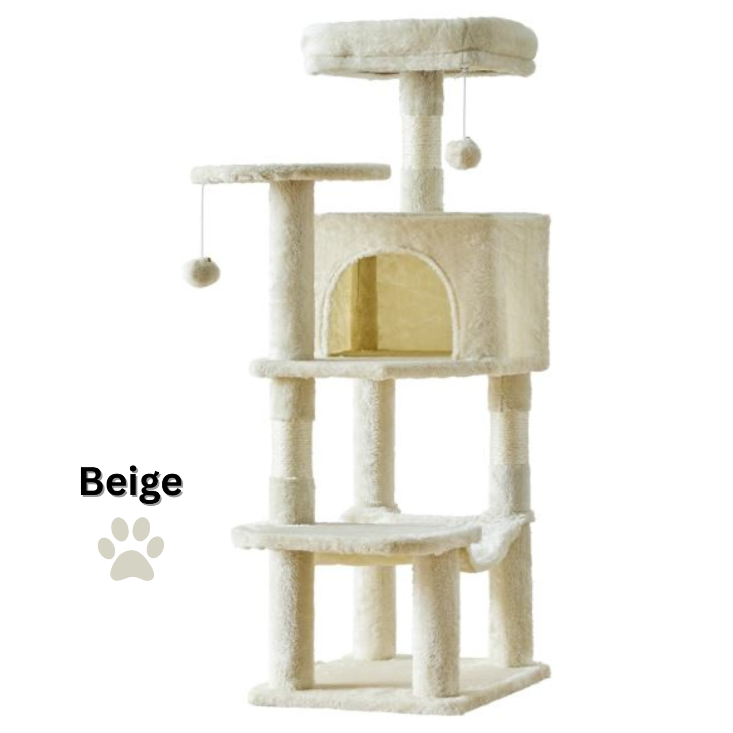 Beige cat tree with multiple levels and a ball on a white background