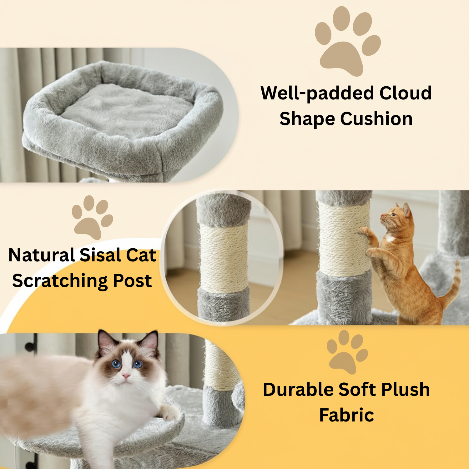 Cat tree with cloud-shaped cushion, scratching post, and plush fabric, featuring a cat on the scratching post.
