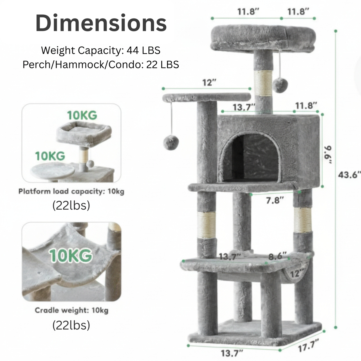 Cat tree with dimensions and weight capacity details on a white background
