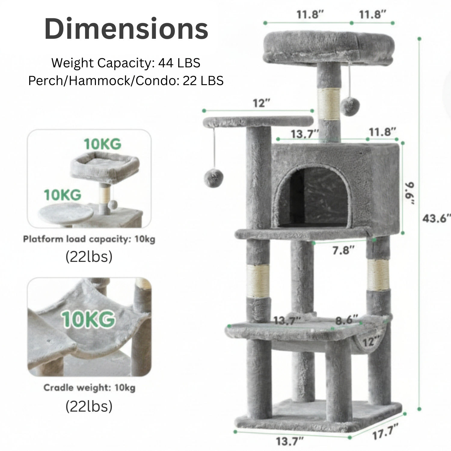 Cat tree with dimensions and weight capacity details on a white background