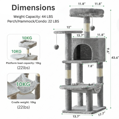 Cat tree with dimensions and weight capacity details on a white background