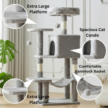 Cat tree with multiple platforms, a hammock, and climbing features in a home setting.