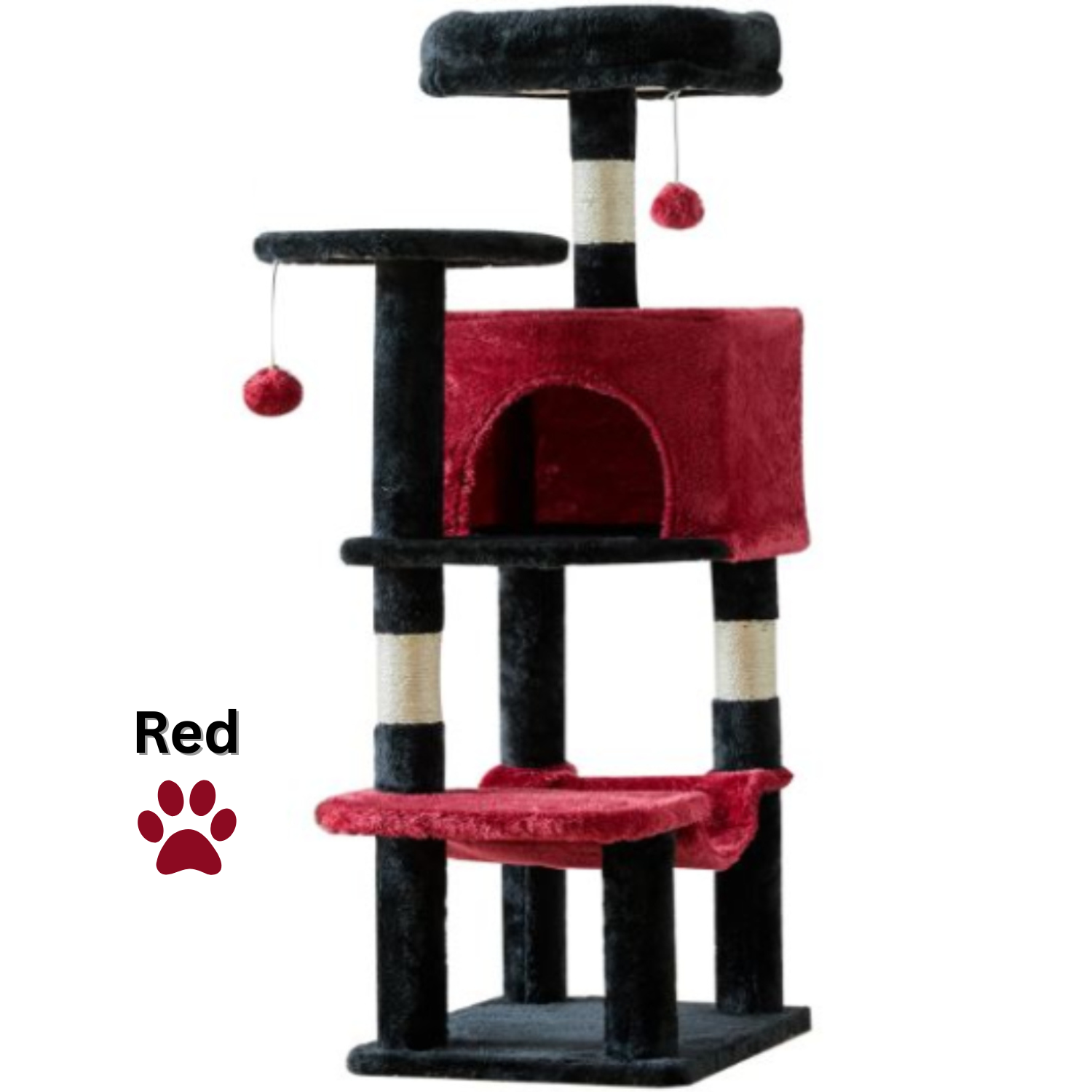 Cat tree with red platforms and hanging balls on a white background