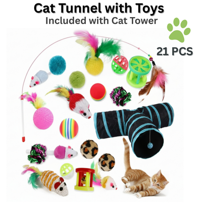 Cat tunnel with various toys included on a white background