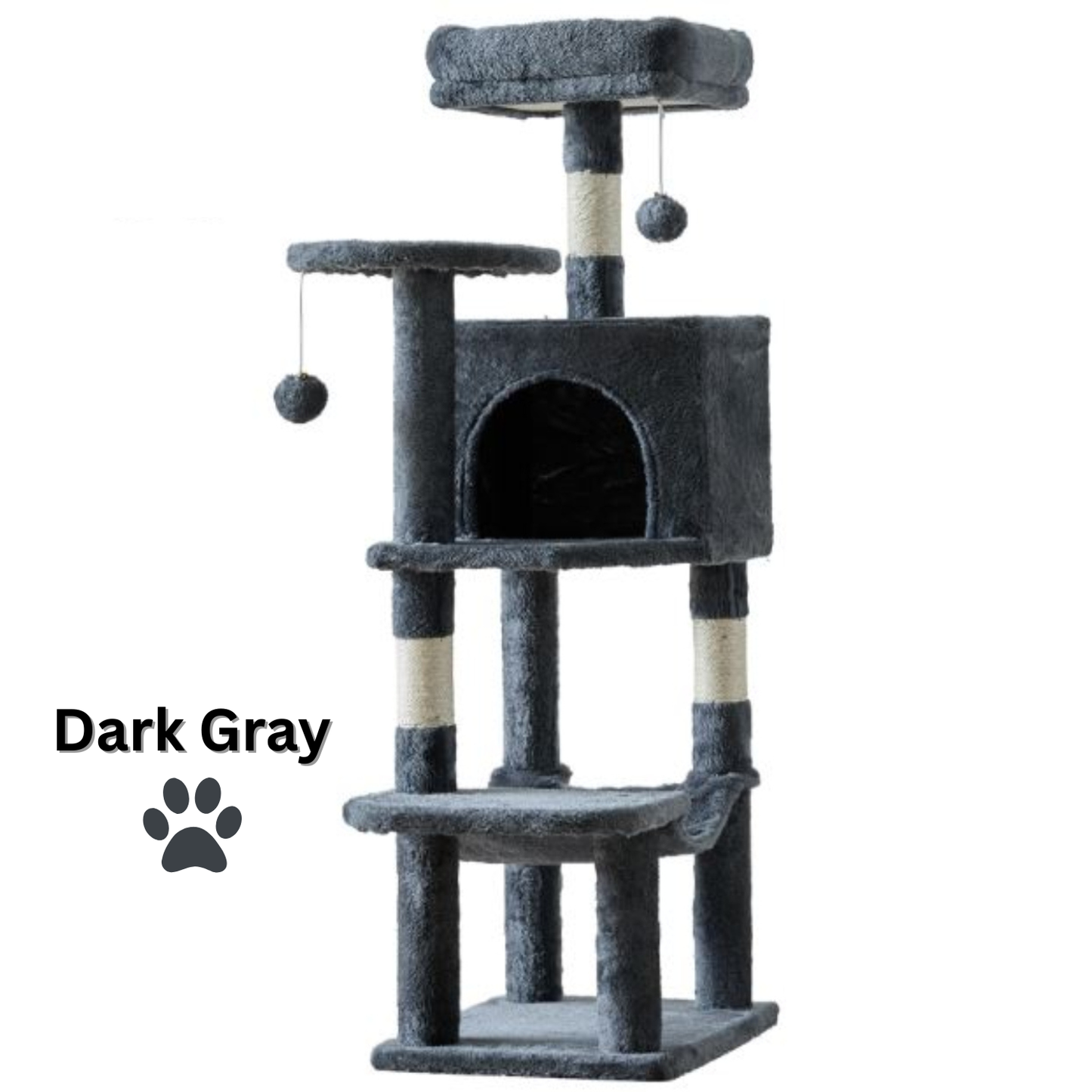 Dark gray cat tree with multiple levels and a hammock on a white background