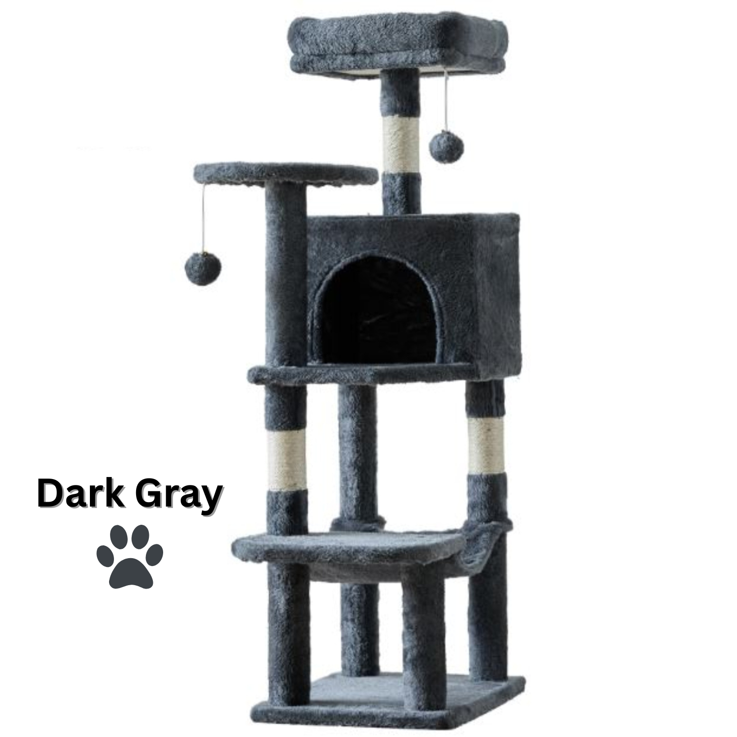 Dark gray cat tree with multiple levels and a hammock on a white background