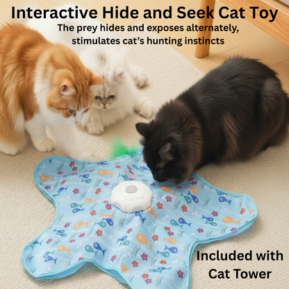 Three cats playing with an Interactive Hide and Seek Cat Toy on a carpeted floor.