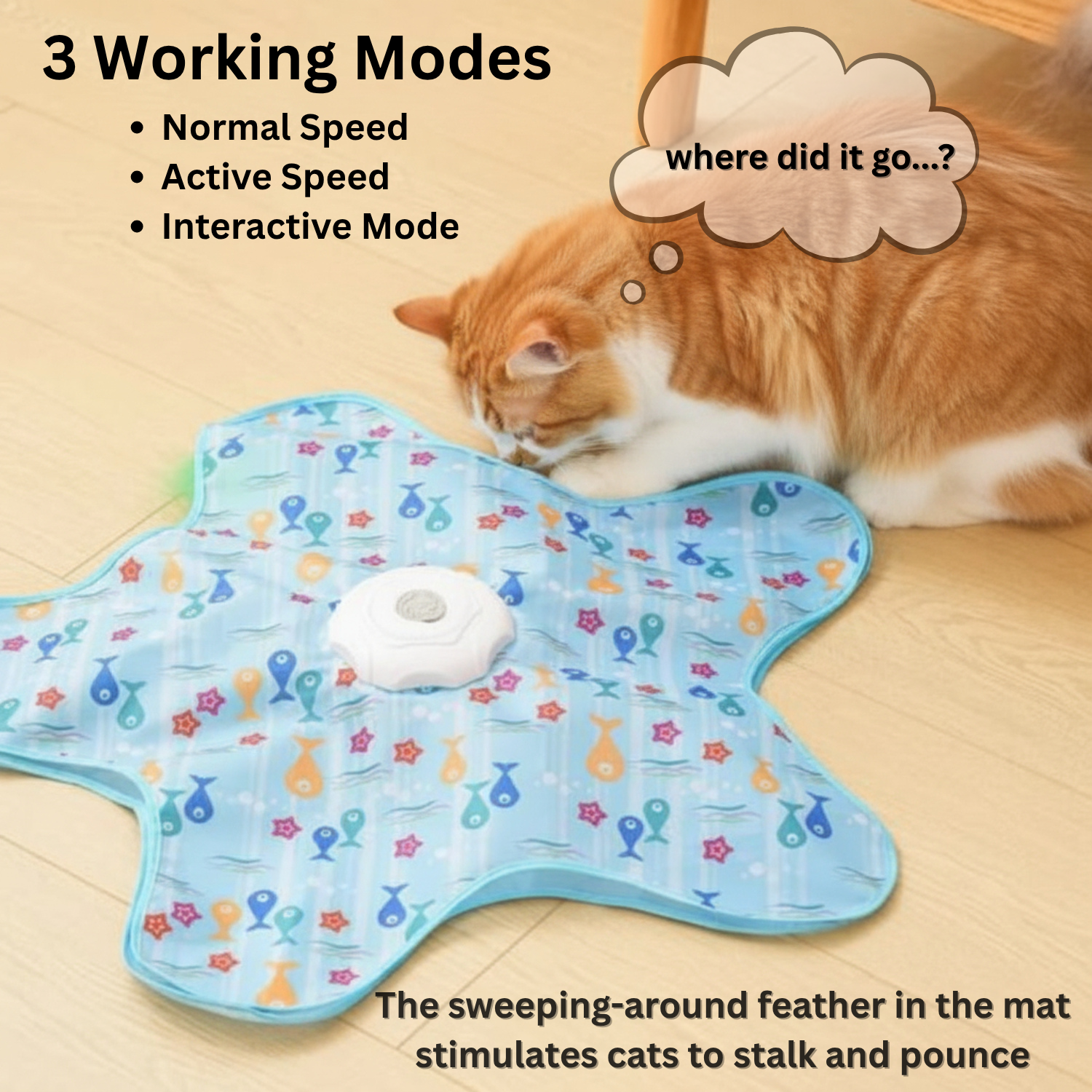 Cat playing with a mat with a feather, featuring text about working modes and stimulation.