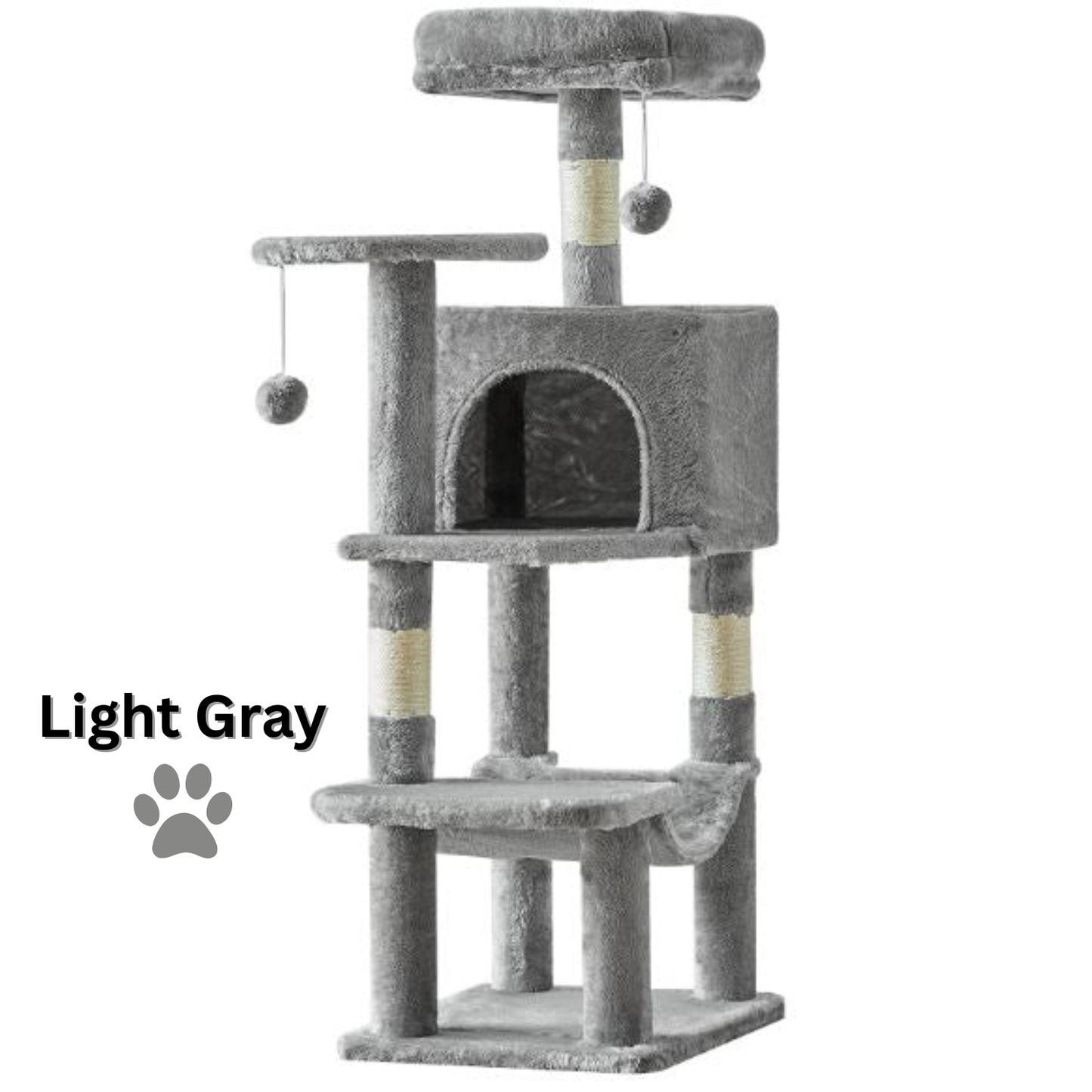 Light gray cat tree with multiple levels and a hammock on a white background