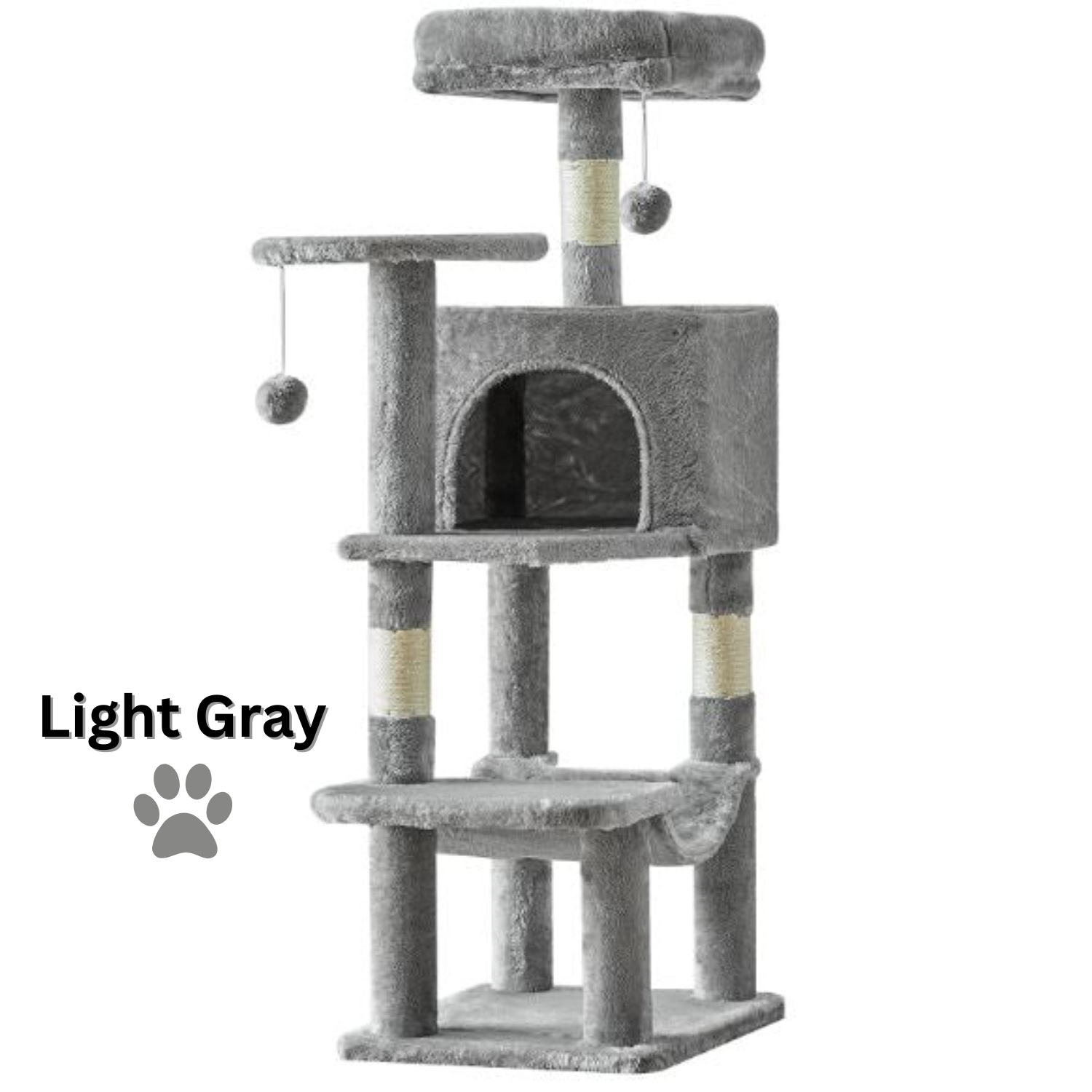Light gray cat tree with multiple levels and a hammock on a white background