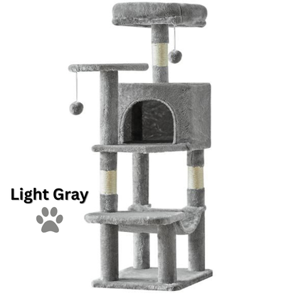 Light gray cat tree with multiple levels and a hammock on a white background