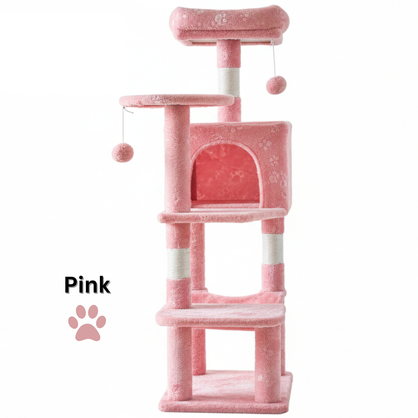 Pink cat tree with multiple levels and a small platform on a white background
