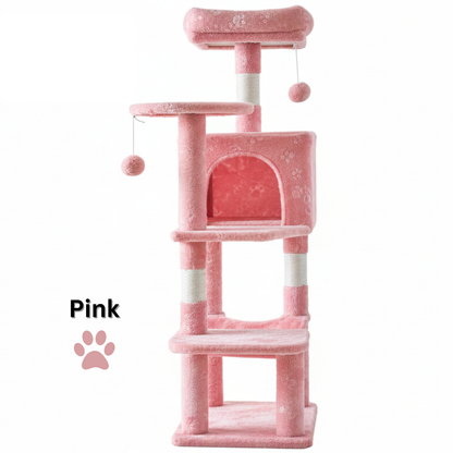 Pink cat tree with multiple levels and a small platform on a white background