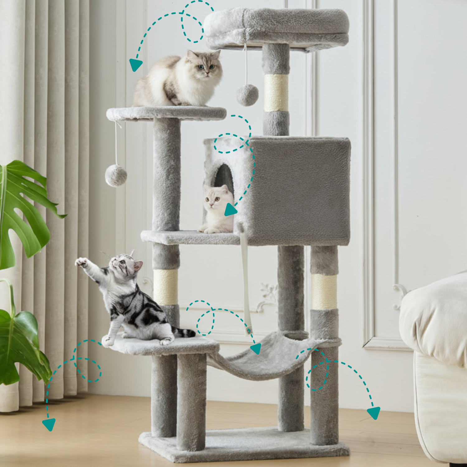 Cat tree with multiple levels and a cat sitting on each level in a room.