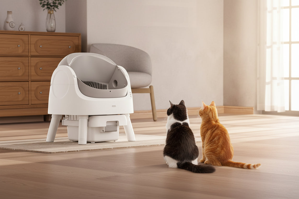 cats staring at the automatic litter box