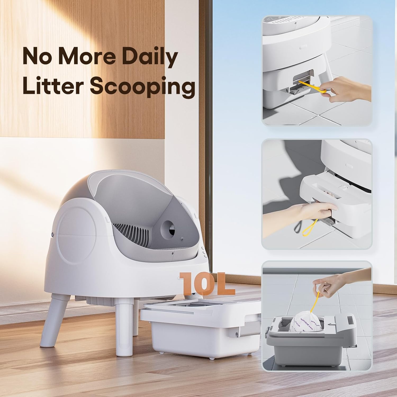 cat  litter box with a 10L capacity on a wooden floor, shown with daily use illustrations.