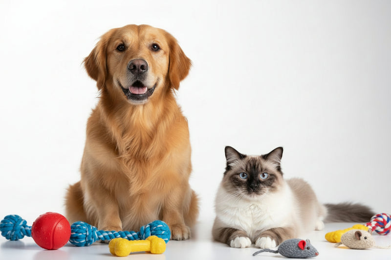 cat and dog sitting on a white surface surrounded by toys