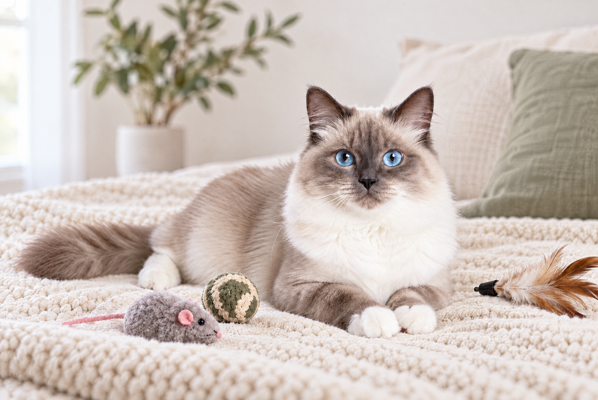 A fluffy long-haired cat with blue eyes lies on a cream knit blanket in a bright room, with a small toy mouse, ball, and feather toy nearby.