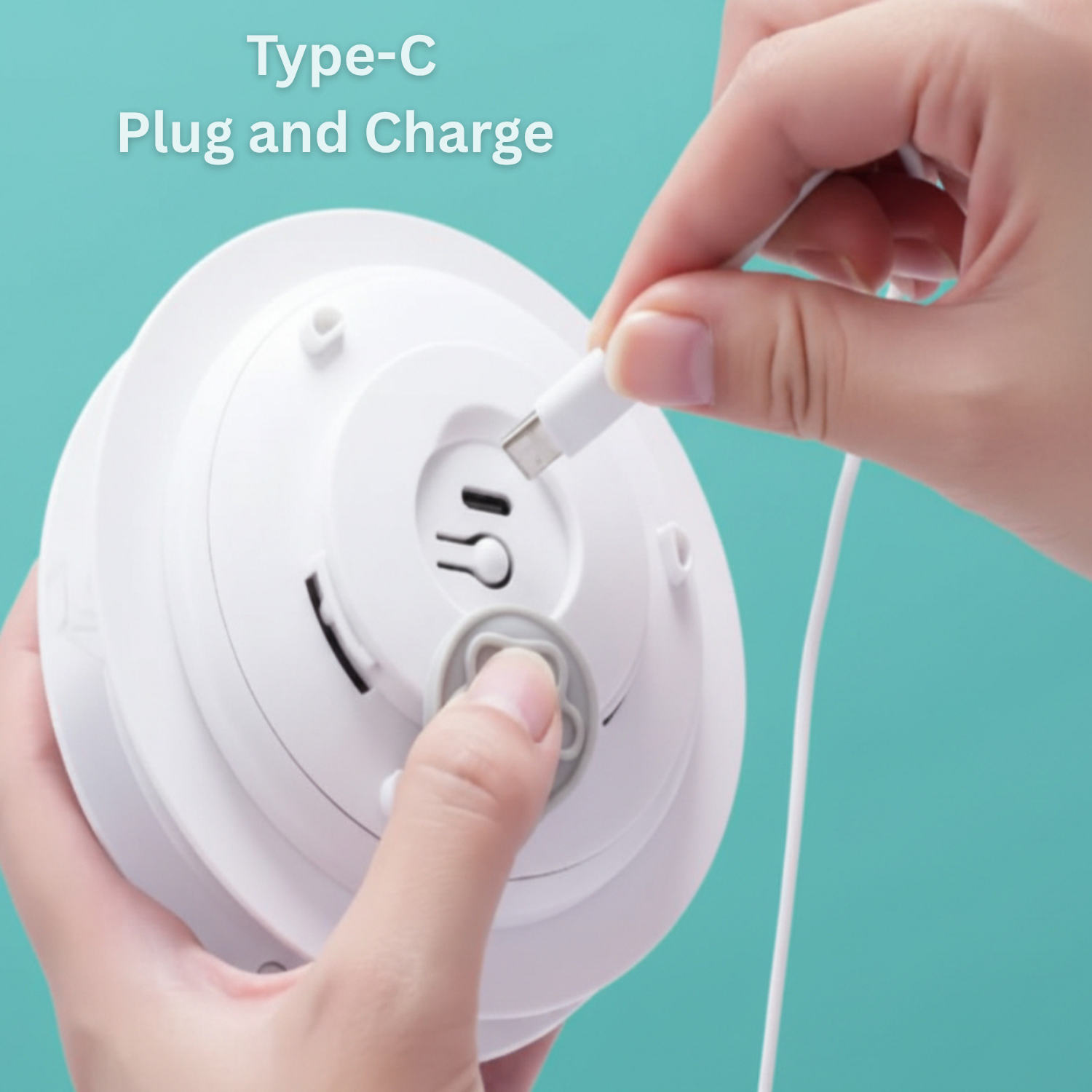 Hand plugging a cable into a white device with 'Type-C Plug and Charge' text on a teal background