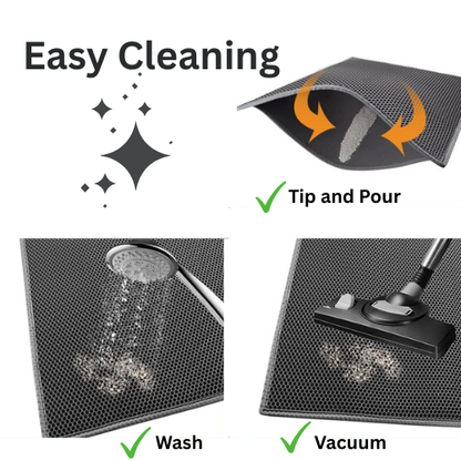 Cleaning instructions for a mat with water being poured, washed, and vacuumed.