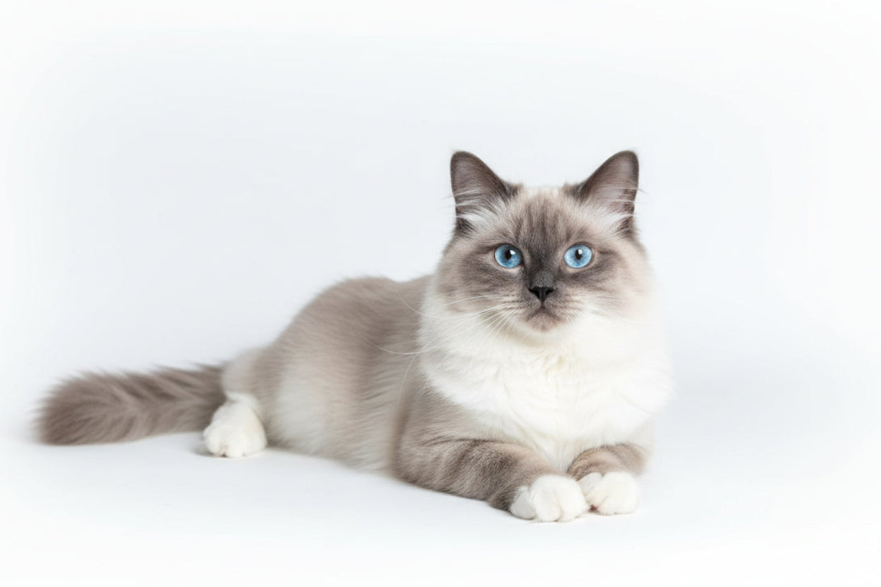 Cat with blue eyes sitting on a soft surface