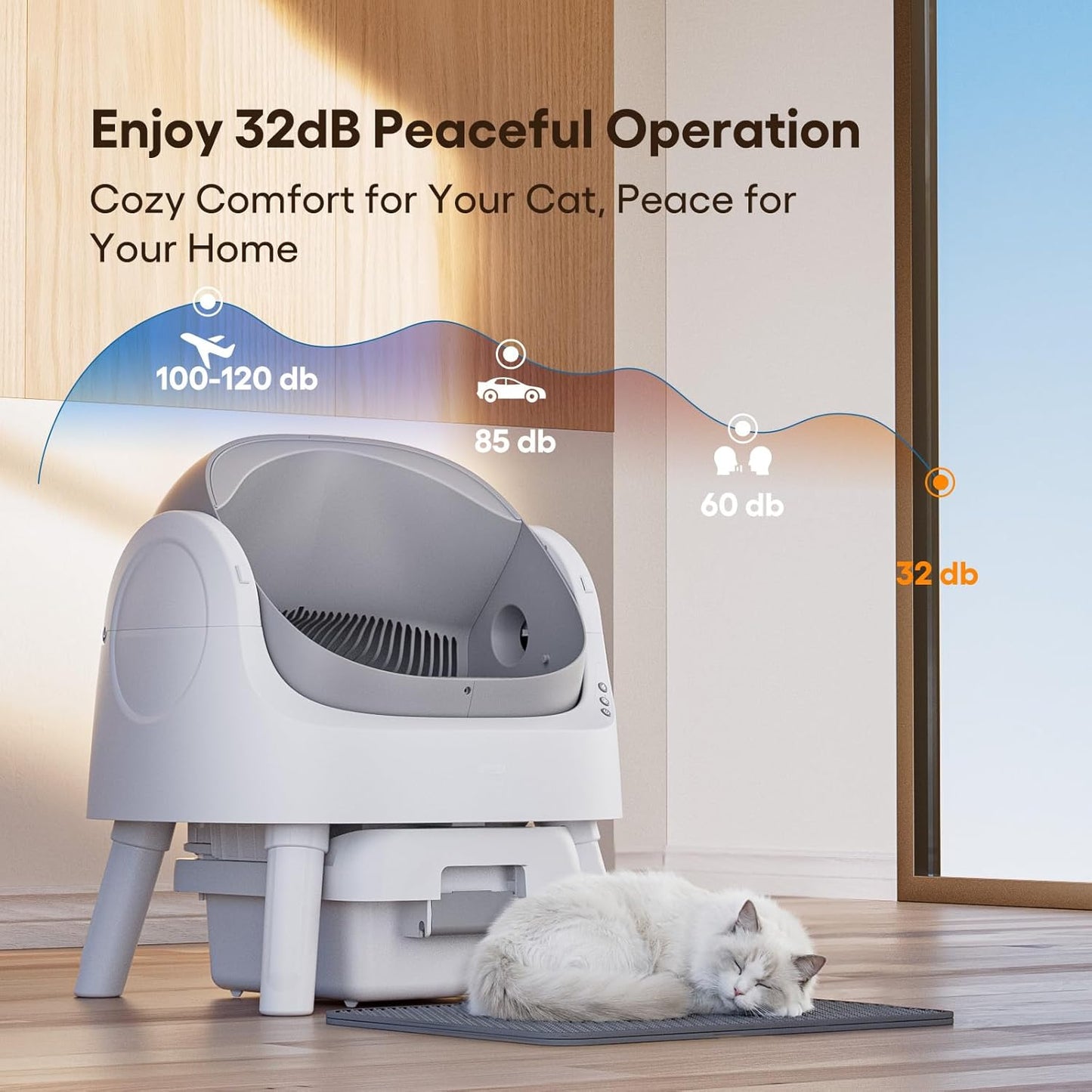 cat sleeping on litter mat in front of self-cleaning litter box