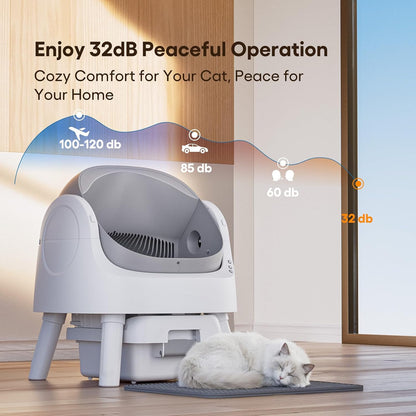 cat sleeping on litter mat in front of self-cleaning litter box