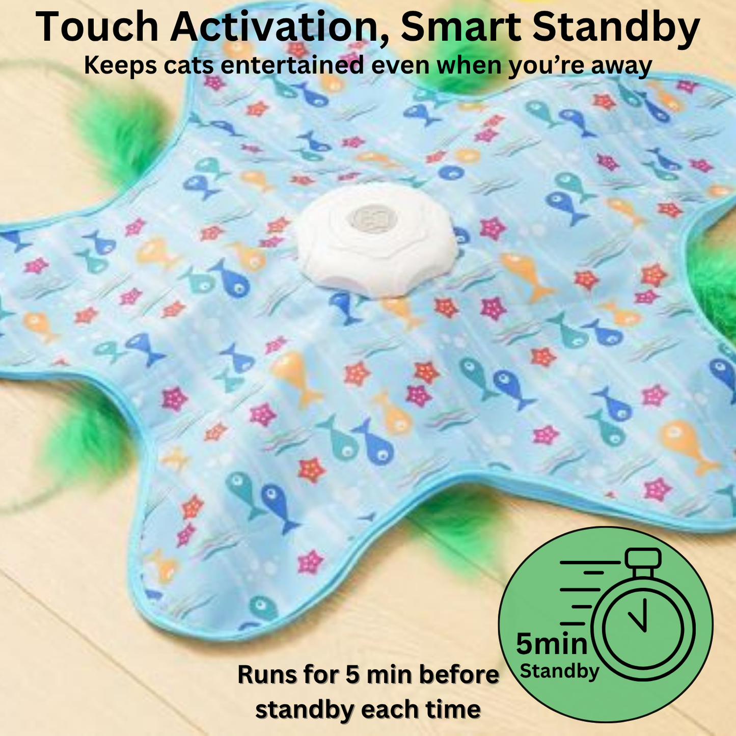 Cat toy mat with fish pattern and text about touch activation and smart standby feature.