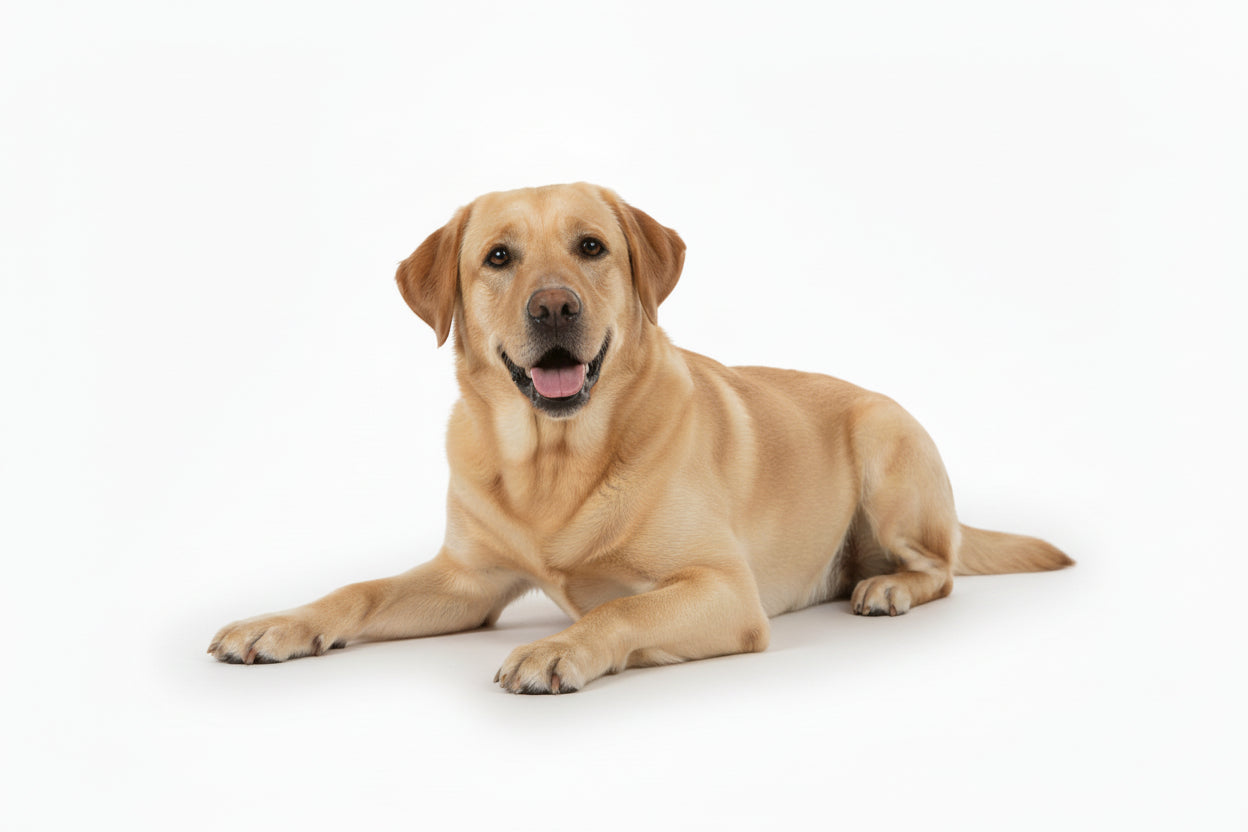 Labrador retriever lying on a white background