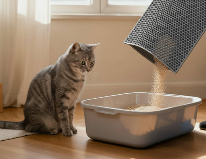 cat looking at the litter being poured from the litter mat into the litter box.
