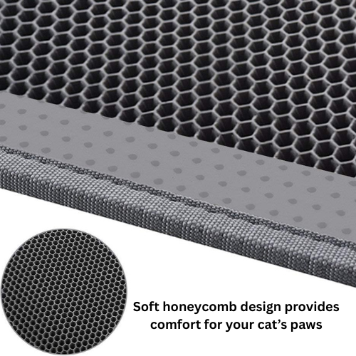 Close-up of a soft honeycomb design on a pet mat with text indicating comfort for cats' paws.
