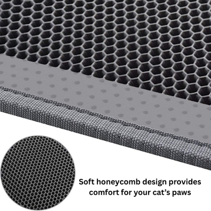 Close-up of a soft honeycomb design on a pet mat with text indicating comfort for cats' paws.