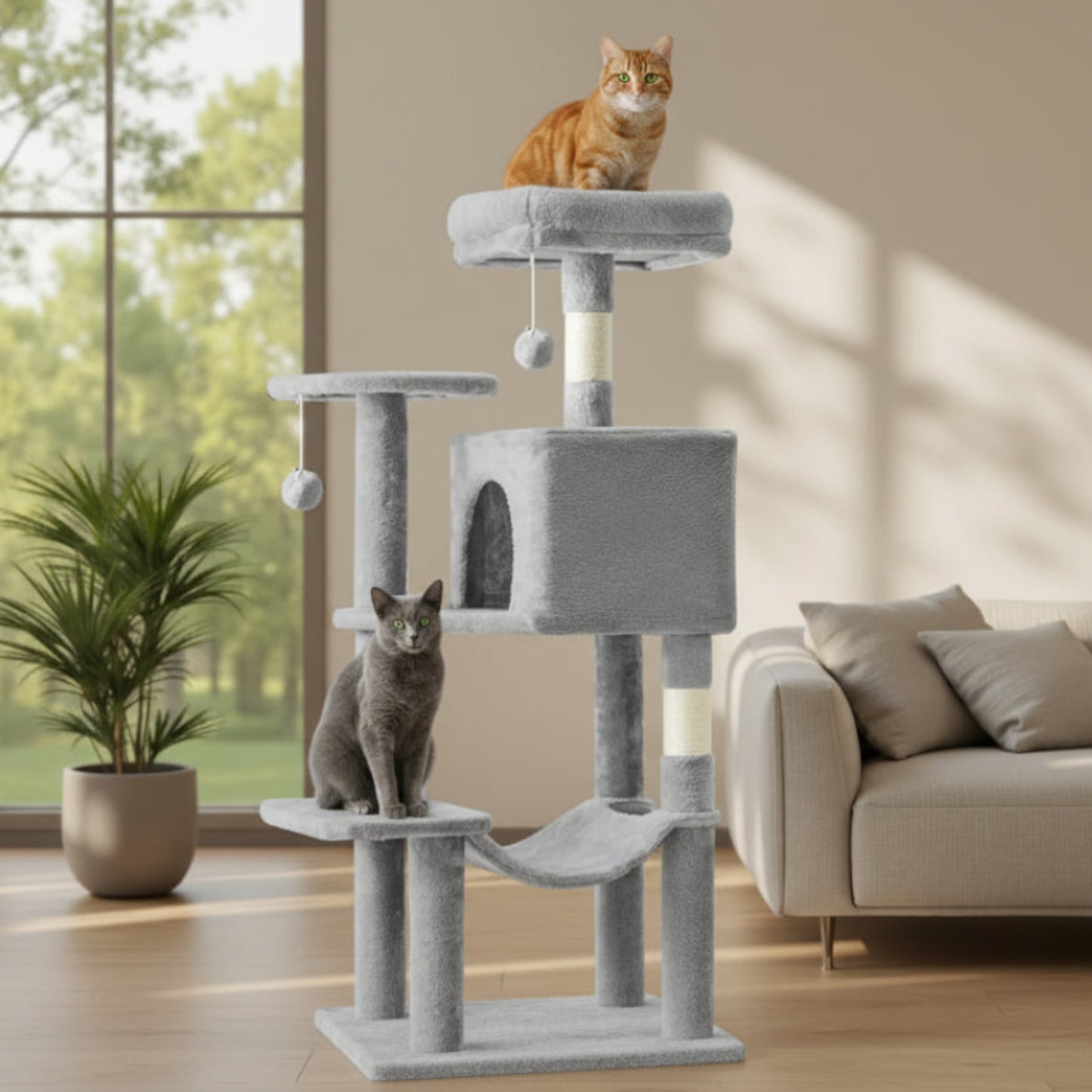 Two cats on a gray cat tree in a living room with a couch and plant.