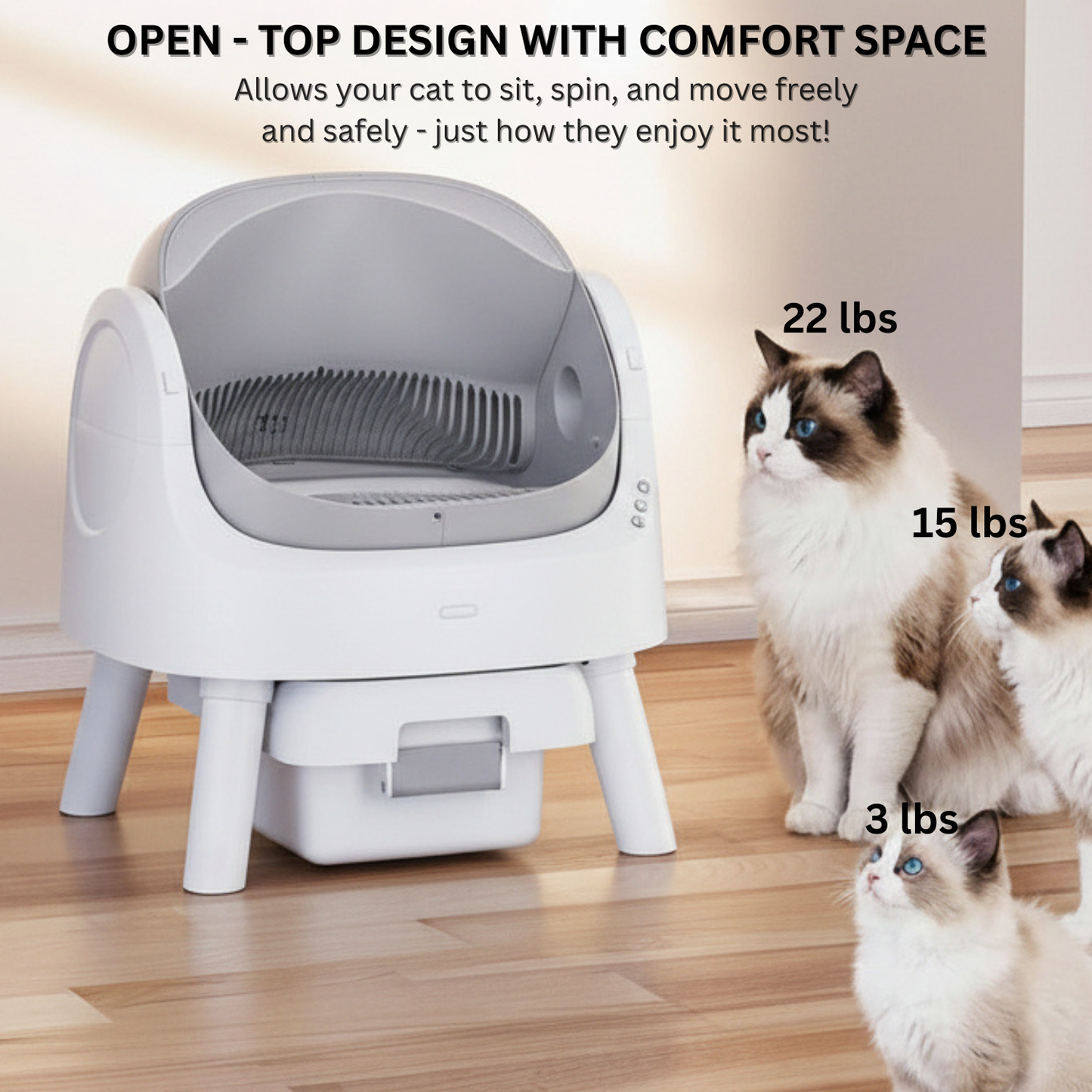 Pet litter box with cats around it on a wooden floor