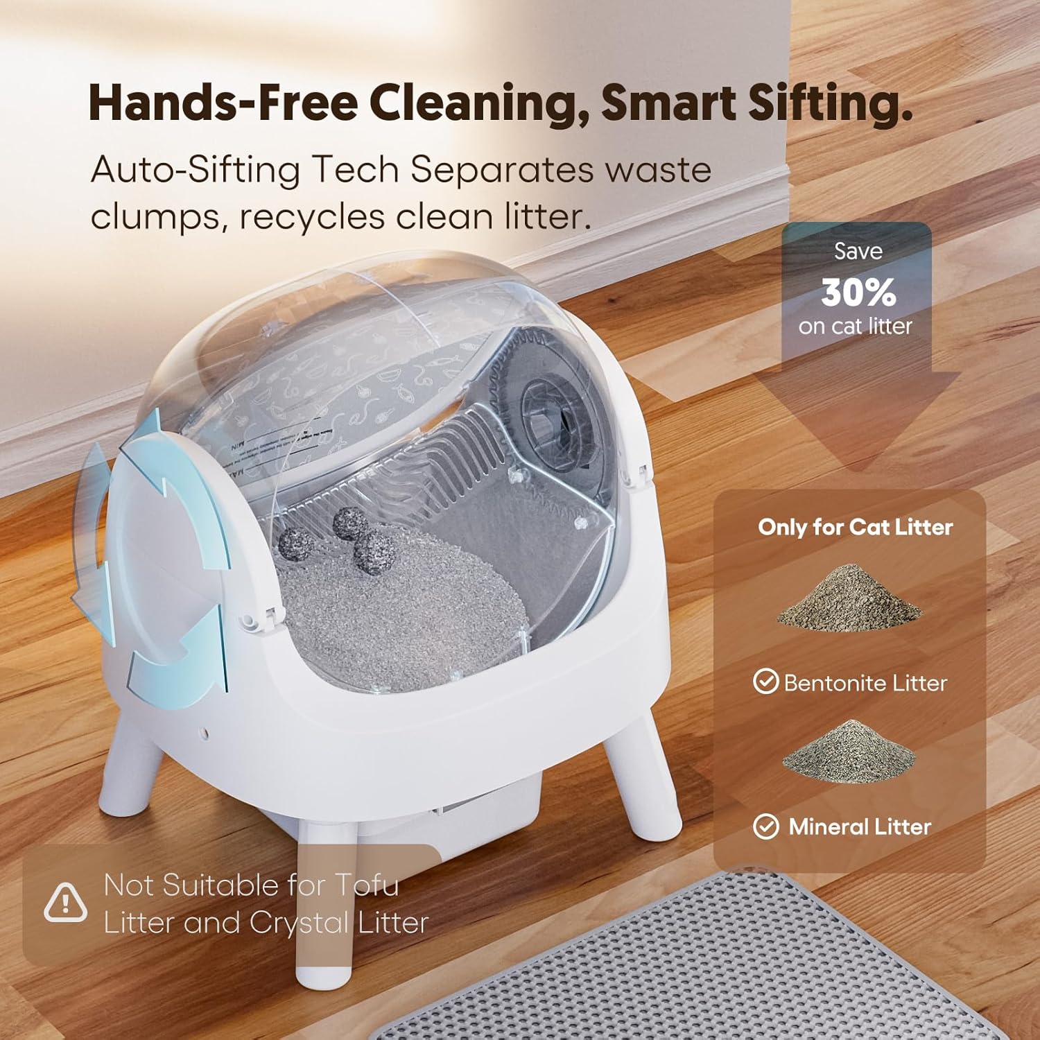 Cat litter disposal system on a wooden floor with text highlighting features and benefits.