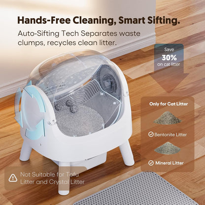 Cat litter disposal system on a wooden floor with text highlighting features and benefits.