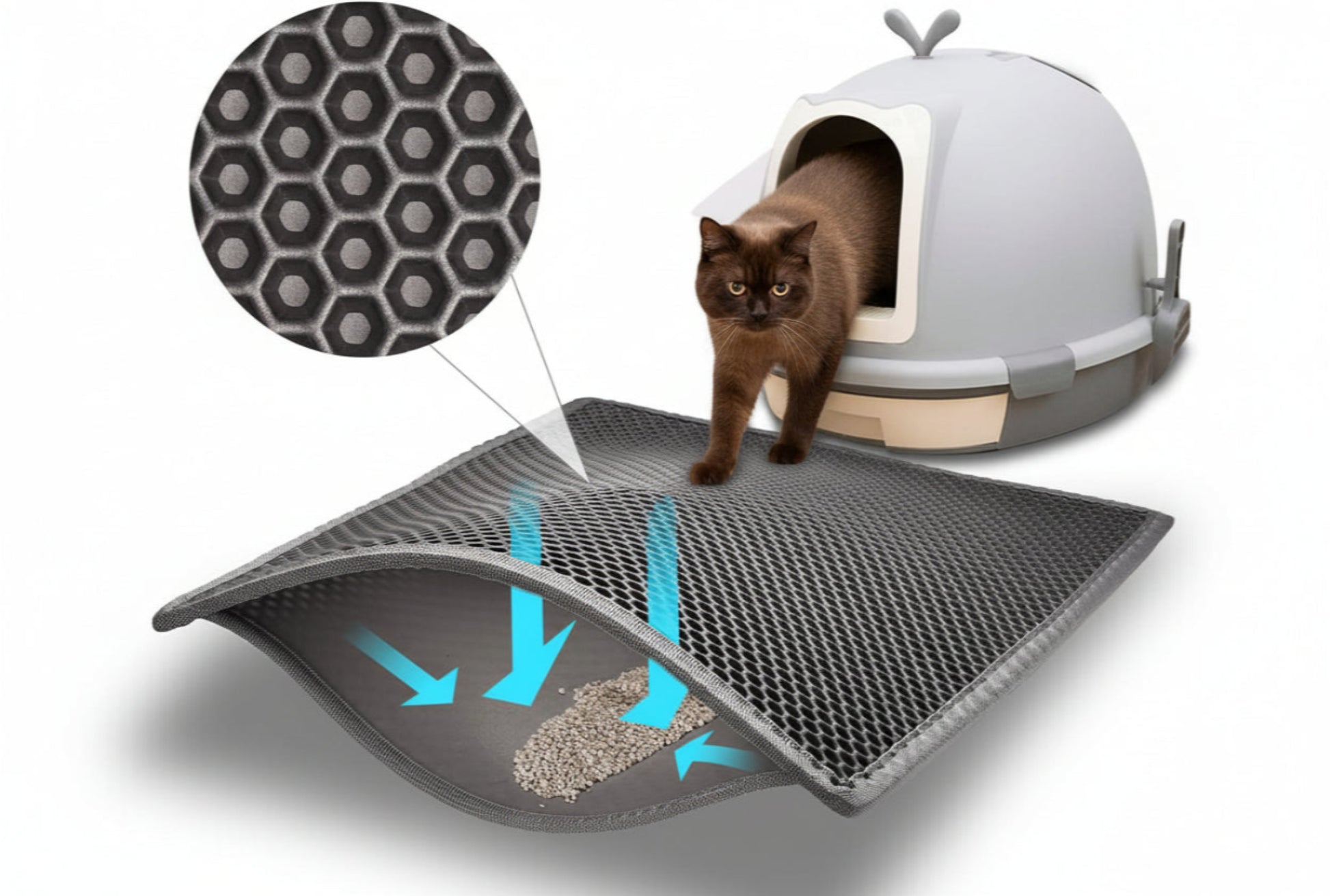 Cat litter mat with honeycomb pattern and cat peeking out from a litter box.
